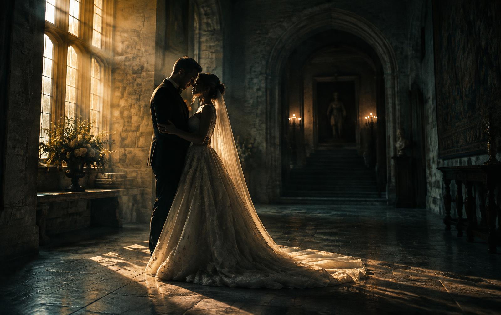 Bride and groom in warm window light